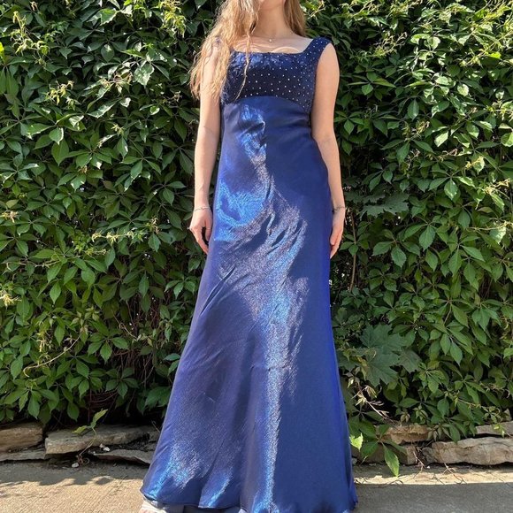 90s navy iridescent floor length prom dress - Picture 6 of 8